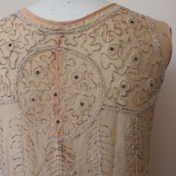 1920s 1910s Nude skin tone peach silk sheer beaded sleeveless blouse top XS S - Picture 10 of 10